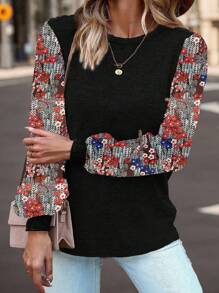 SHEIN LUNE Blusa de mujer con cuello redondo, estampado floral y parches de unicolor