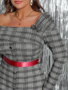 SHEIN Clasi Vestido largo y elegante de punto gris de hombros descubiertos, manga larga y con lazo en la cintura, apto para otoño/invierno, Acción de Gracias, Navidad, Halloween, Año Nuevo, para mujer de talla grande