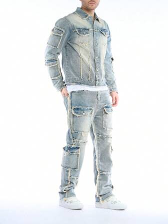 Manfinity Roughcore 2 Stücke Herren Lässig Set beinhaltet Distressed Denim Jacke mit Langarm & Jeans, geeignet für den Herbst