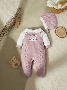 SHEIN Vintaside Kids 女婴毛衣连体衣，针织长袖高领连脚连体衣，秋冬季舒适保暖，粉色、杏色，优雅百搭，刺绣卡通图案，适合日常穿着、居家、户外和旅行 - 彩色 - 查看 5