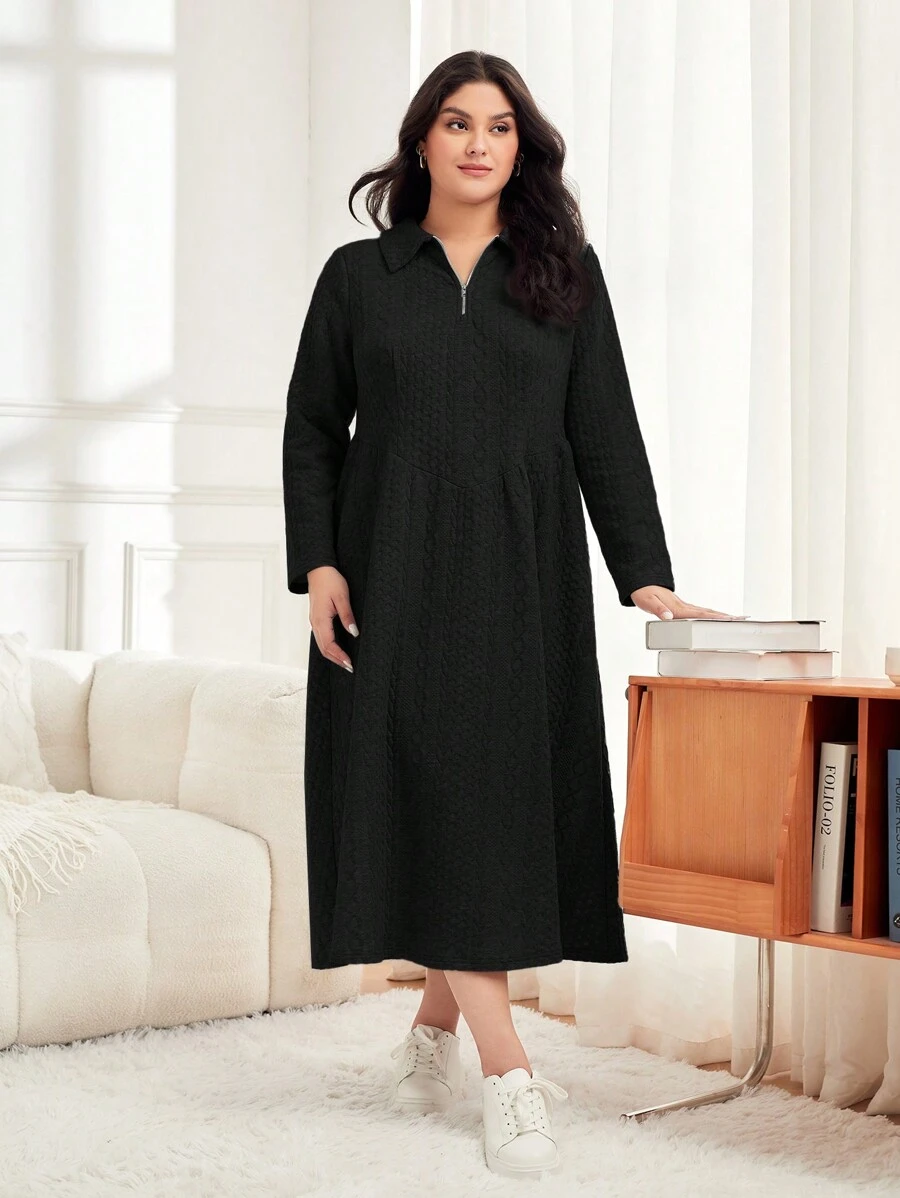 Mulvari Kích thước lớn Màu thuần Váy chữ A - Màu xanh hải quân - Xem 1