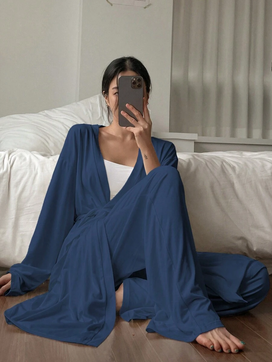 DAZY Minimalist Soft Robe And Straight-Leg Pants Loungewear Set Pajama - Blue - View 1