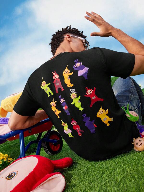Teletubbies X SHEIN Men's Casual Fitted Knit Cartoon Character Graphic Print Black Short Sleeve T-Shirt