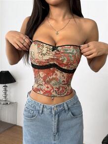 INAWLY Sexy crop top met bloemenprint en kantversiering en strikdecoratie voor dames