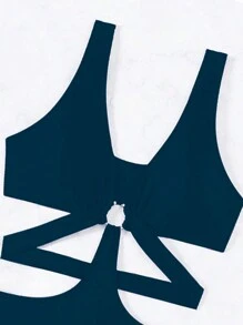 SHEIN Swim Women's Solid Color Hollow Out Fitted One-Piece Swimsuit For Beach Vacation, Summer