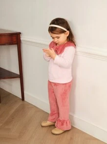 2pcs Baby Girls Cute Bowknot Collar Long Sleeve Top + Flared Pants Set, Autumn/Winter - Pink - View 3