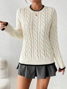 Chiquease Áo len dệt kim cổ tròn tay dài ấm áp họa tiết cáp viền tương phản cỡ lớn dành cho nữ, mùa thu/đông - Nhiều màu - Xem 3