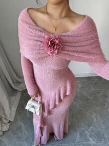 Modelyn 1 pieza Vestido maxi asimétrico con volantes y ajustado de hombros descubiertos para mujer, vestido de noche largo