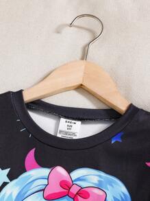 SHEIN Tween Girl 舒适贴身霓虹卡通图案圆领插肩袖上衣和裤子休闲舒适睡衣套装 - 彩色 - 查看 4