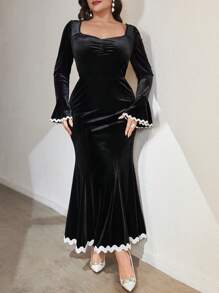 Modelyn 大码女式甜心领荷叶边喇叭袖优雅阿拉伯朴素长袖连衣裙长款晚礼服