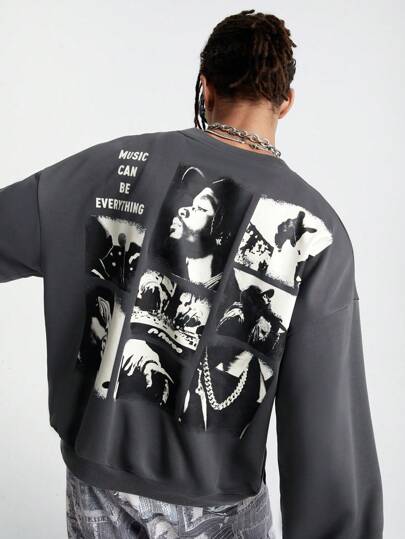 Manfinity RebelGame Sudadera holgada de punto para hombre, sudadera de cuello redondo de manga larga con gráfico en gris oscuro, para regalos a amigos, esposo, novio, para otoño e invierno