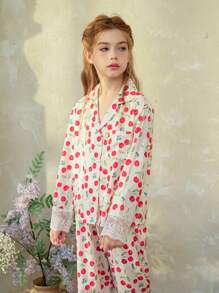 SHEIN 2pcs Tween Girls Elegant Lace Woven Print Long Sleeve Top And Long Pants Comfy Loungewear Set