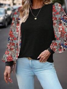 SHEIN LUNE Blusa de mujer con cuello redondo, estampado floral y parches de unicolor