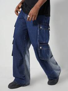 ROMWE MEN Street Life Men's Cargo Casual Multi-Wear Washed Wide-Leg Cargo Denim Jeans With Flap Pockets - Blue - View 1