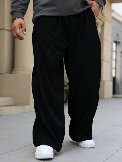 Manfinity Homme Plus Size Men's Solid Color Pocket Wide Leg Loose Casual Sweatpants