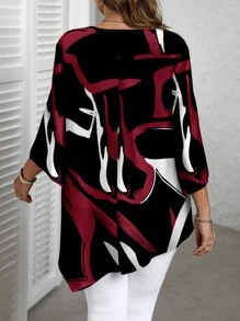 EMERY ROSE Casual Minimalist All-Over Retro Abstract Line Print Pattern Versatile Plus Size Shirt, Suitable For Autumn/Winter Chic Blouses For Women - Multicolor - View 2
