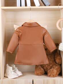 Baby Girl Elegant Fashion Street Style PU Leather Patchwork Ruffle Trim Long Sleeve Jacket, Spring/Autumn - Brown - View 2