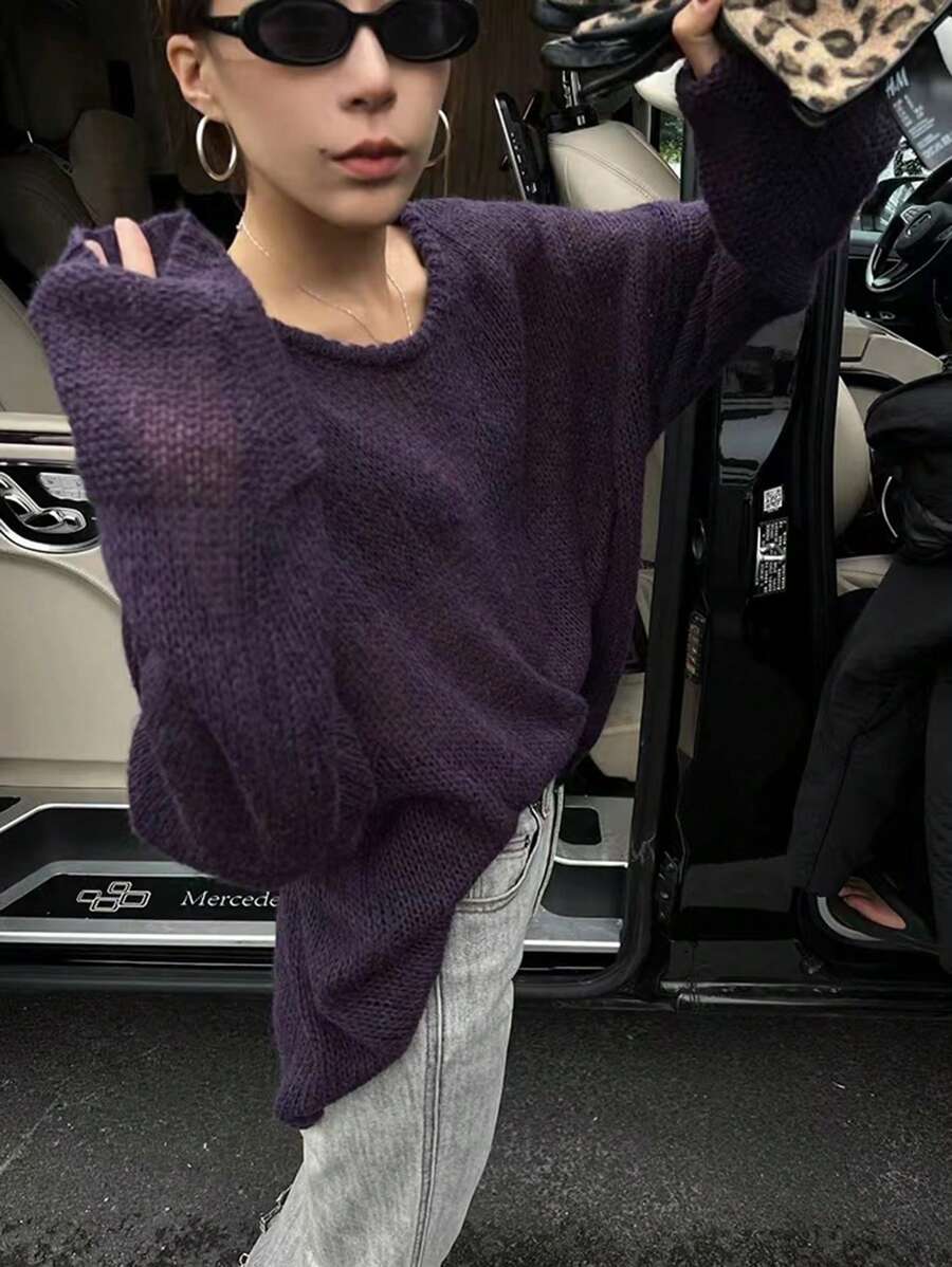 INAWLY 大码休闲纯色落肩宽松针织毛衣，秋冬 - 紫色 - 查看 1