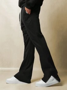 SUMWON Flared Wide Leg Side Slit Pants Drawstring Waist Business Casual Contemporary Urban Streetwear Fall Winter Bottom Wear - Black - View 1