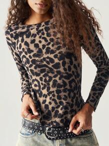 Bohemela Camiseta ajustada de manga larga con cuello redondo y estampado de leopardo para mujer