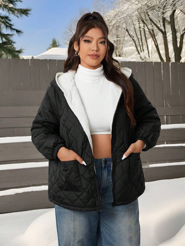 SHEIN EZwear Abrigo acolchado de algodón negro de talla grande, ropa cálida para clima frío, ropa de exterior acolchada térmica para el otoño