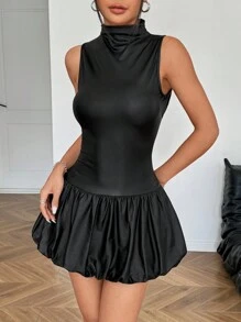 SHEIN EZwear Black Leather Solid Color Splice Flower Bud Hem Backless Sleeveless Dress