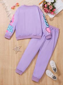 SHEIN Set de 2 piezas de sudadera con cuello redondo y diseño de corazón, y pantalón de chándal largo para niña preadolescente, conjunto lindo