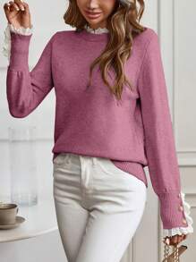 SHEIN Clasi 1pc Women Elegant Floral Ruffle Trim Crew Neck Long Sleeve Sweater, Autumn/Winter - Dusty Pink - View 4