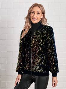 EMERY ROSE Women's Fashionable Sequin Baseball Collar Jacket For Autumn - Multicolor - View 5