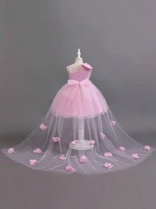 Glamorique Kids Váy dự tiệc năm mới 4 mùa cho bé gái, váy công chúa bồng bềnh lưới một vai màu hồng, trang phục giáng sinh dễ thương và ngọt ngào cho bé gái - Hồng - Xem 1