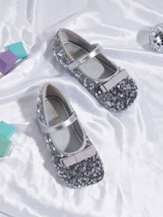 儿童软底舒适方头亮片蝴蝶结玛丽珍平底鞋，黑色和银色，幼儿/小女孩/大女孩公主鞋，适合春夏秋季