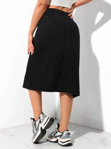 SHEIN PETITE Women's Single-Breasted Midi Length Casual Versatile Denim A-Line Skirt