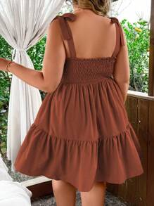 SHEIN LUNE Plus Size Boho Casual Solid Color Tied Strap Dress, For Holiday, For Summer - Rust Brown - View 2