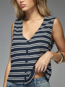 MISSGUIDED Áo tank top dệt kim gân, cài nút phía trước, không tay, cổ chữ V, kiểu dệt hình tổ ong, áo tank top mùa hè thường ngày, áo len, họa tiết sọc kẻ cổ điển, lớp áo cơ bản. - Xanh và trắng - Xem 6