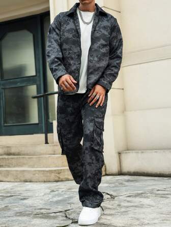 Manfinity Hypemode Men's Casual Camouflage Jacket And Pants 2 Pieces Set, Autumn, Fall Clothes, Cozy Outfits