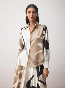 BizChic Floral Asymmetrical Geometric Print Long Sleeve Satin Blouse, Women Office Wear Clothes For Spring & Summer