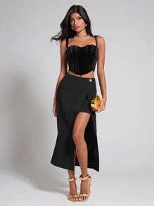 COSMINA Women's Solid Color A-Line Long Skirt With Side Slit, Elegant - Black - View 1
