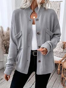 SHEIN LUNE Casual Loose Fit Big Pocket Button Up Stand Collar Long Sleeve Cardigan Sweater For Women - Grey - View 5