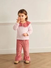 2pcs Baby Girls Cute Bowknot Collar Long Sleeve Top + Flared Pants Set, Autumn/Winter - Pink - View 7