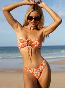 Women's Summer Vacation Style Random Print Bandeau Bikini Set - Multicolor - View 5
