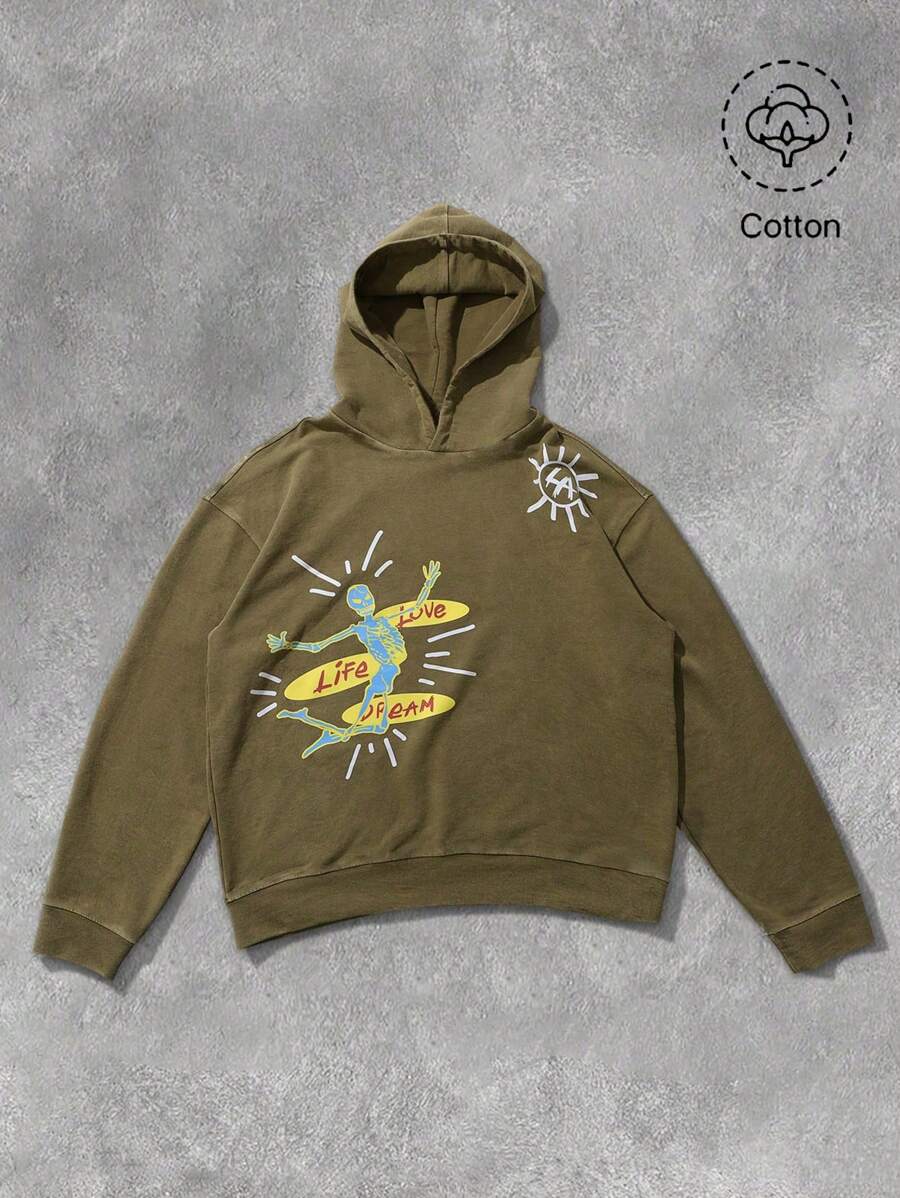 PAVTROS Áo hoodie cotton 1 chiếc in chữ giản dị cho nam, áo nỉ họa tiết, quần áo nam mùa thu đông, áo hoodie kaki - Cà phê nâu - Xem 1