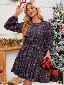 Chiquease 圣诞节 A 字形圆领泡泡袖宽松女式连衣裙