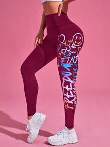 Gameset SHEIN Sport Women's Fashion Letter & Cartoon Print Elastic Sports Leggings - Burgundy - View 4