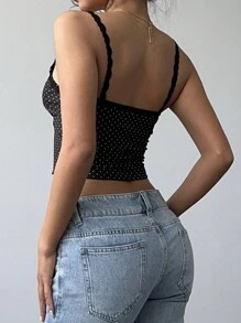 Aloruh Women Lace Polka Dot Printed Bowknot Camisole - Black - View 2