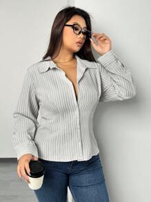 SHEIN Privé 大码女式灰色条纹褶皱腰长袖衬衫，优雅性感的设计，适合教师节和返校季 - 彩色 - 查看 1