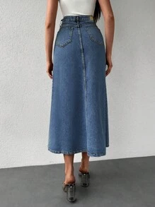 Letter Patched Denim Skirt - Light Wash - View 2