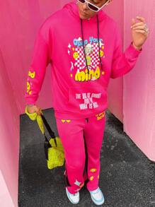 PAVTROS Manfinity Streetrush 2pcs Men Slogan Print Drawstring Hooded Sweatshirt And Sweatpants Casual Tracksuit Set, Autumn - Hot Pink - View 4