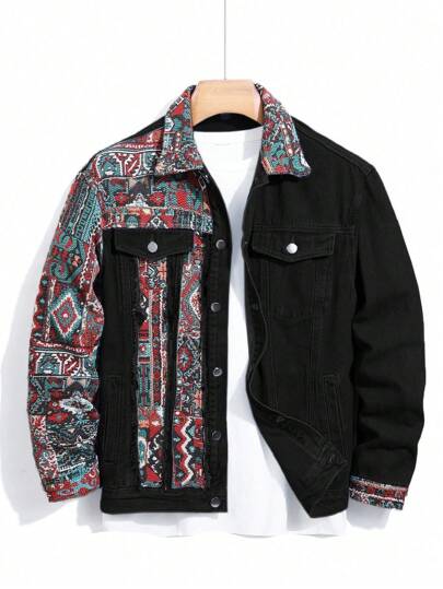 Manfinity Homme Men's Casual Geometric Pattern Patchwork Loose Denim Jacket, Autumn