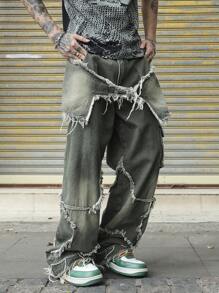 Manfinity EMRG Men's Fashionable Washed Star Print Denim Jeans - Army Green - View 1