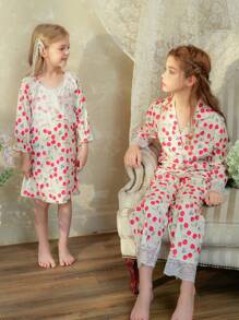 SHEIN 2pcs Tween Girls Elegant Lace Woven Print Long Sleeve Top And Long Pants Comfy Loungewear Set